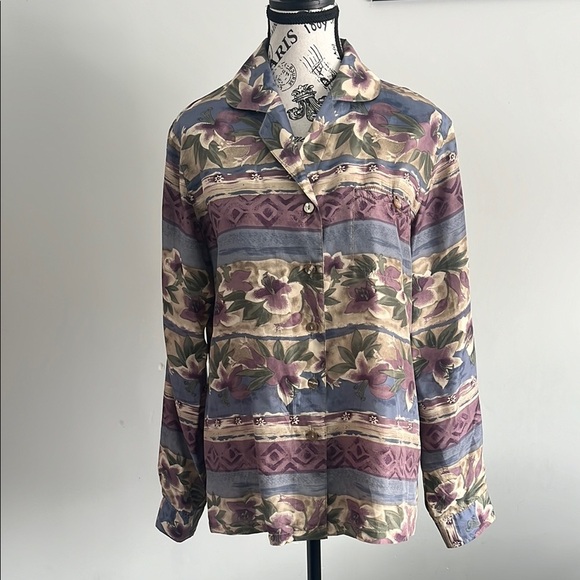 90s 100% silk Blue Purple And Green Blouse - Picture 5 of 8